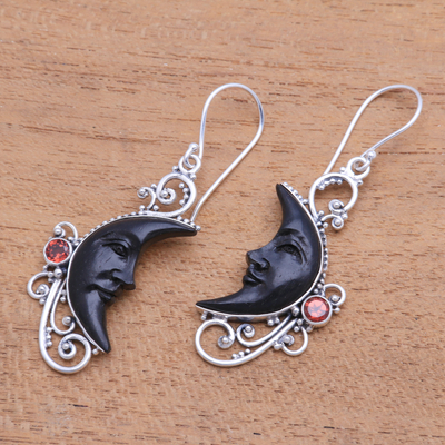 Garnet and horn dangle earrings, 'Face of Midnight' - Garnet and Black Horn Crescent Moon Dangle Earrings