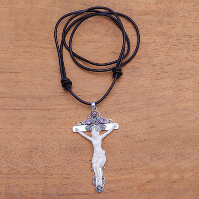 Amethyst and bone pendant necklace, 'Sparkling Sacrifice' - Amethyst and Bone Cross Pendant Necklace from Bali