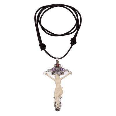 Amethyst and bone pendant necklace, 'Sparkling Sacrifice' - Amethyst and Bone Cross Pendant Necklace from Bali
