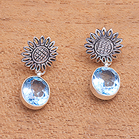 9-Carat Floral Blue Topaz Dangle Earrings from Bali,'Blue Sunflowers'