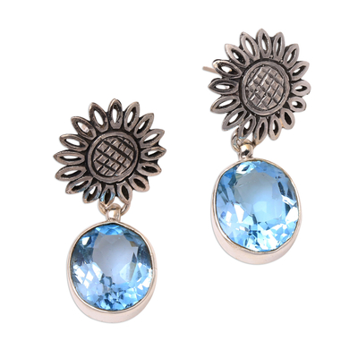Blue topaz dangle earrings, 'Blue Sunflowers' - 9-Carat Floral Blue Topaz Dangle Earrings from Bali