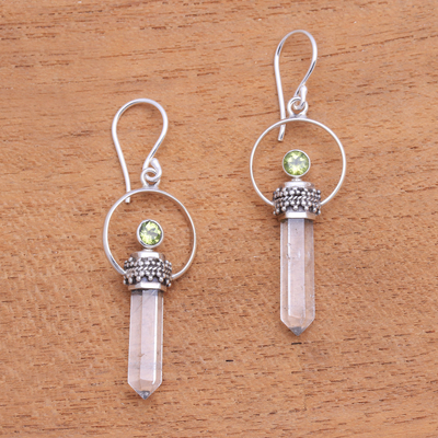 Quartz and peridot dangle earrings, 'Crystal of Light' - Quartz and Peridot Dangle Earrings from Bali