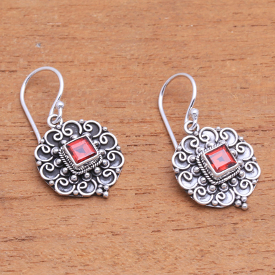 Garnet dangle earrings, 'Fluffy Clouds' - Swirl Pattern Garnet Dangle Earrings from Bali