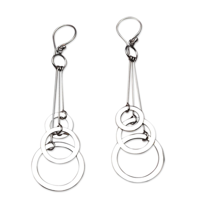 Sterling silver dangle earrings, 'Ring Triplets' - Circle Motif Sterling Silver Dangle Earrings from Bali
