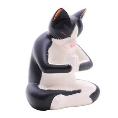 Wood sculpture, 'Meditating Tuxedo Kitty' - Wood Sculpture of a Meditating Tuxedo Cat from Bali