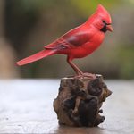 Wood sculpture, 'Perched Virginia Cardinal' - Hand-Painted Wood Virginia Cardinal Sculpture from Bali