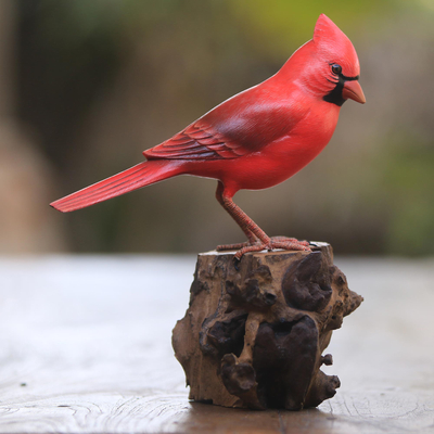 Escultura de madera - Escultura de cardenal de Virginia en madera pintada a mano de Bali