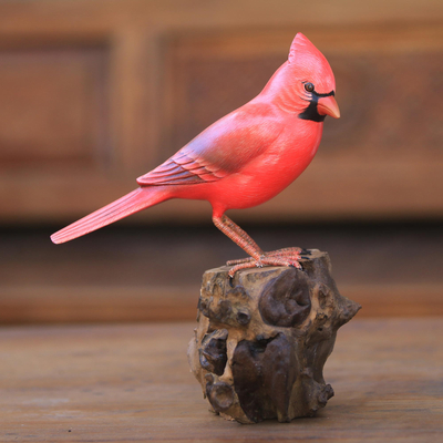 Wood sculpture, 'Perched Virginia Cardinal' - Hand-Painted Wood Virginia Cardinal Sculpture from Bali