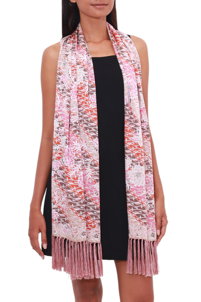 Batik silk shawl, 'Stunning Garden' - Floral Batik Silk Shawl Crafted in Bali