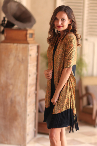 Batik silk shawl, 'Land of Bali' - Russet and Buff Batik Silk Shawl from Bali