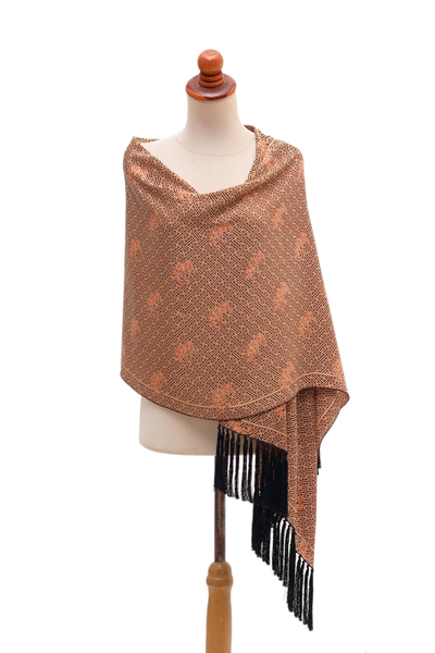Batik silk shawl, 'Land of Bali' - Russet and Buff Batik Silk Shawl from Bali