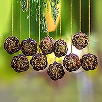 Floral Coconut Shell Ornaments from Bali (Set of 10),'Dawn Flowers'