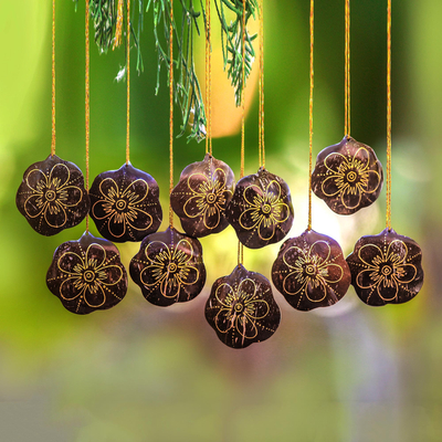Coconut shell ornaments, 'Dawn Flowers' (set of 10) - Floral Coconut Shell Ornaments from Bali (Set of 10)