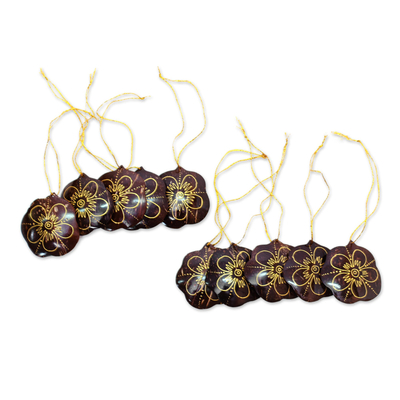 Coconut shell ornaments, 'Dawn Flowers' (set of 10) - Floral Coconut Shell Ornaments from Bali (Set of 10)