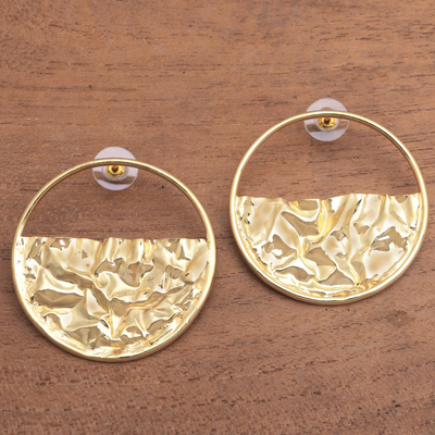 Gold-plated drop earrings, 'Surface Waves' - Circular Modern Gold-Plated Brass Drop Earrings from Bali