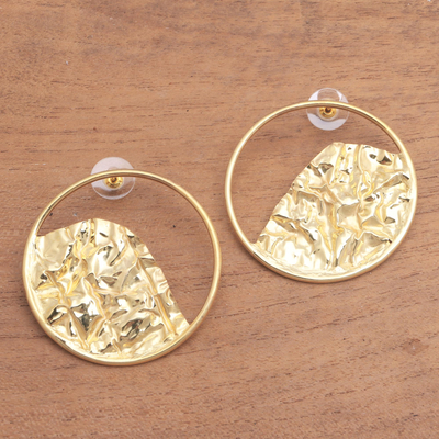 Gold-plated stainless steel drop earrings, 'Curved Waves' - Curvy 18k Gold-Plated Brass Drop Earrings from Bali