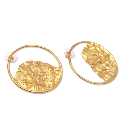 Gold-plated stainless steel drop earrings, 'Curved Waves' - Curvy 18k Gold-Plated Brass Drop Earrings from Bali