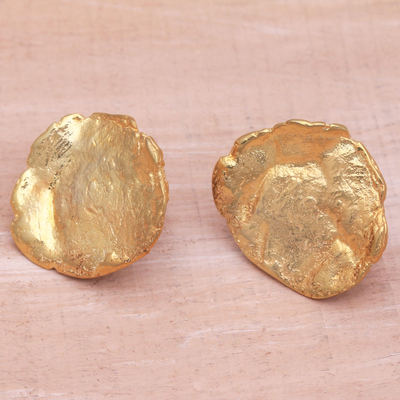Gold-plated stainless steel button earrings, 'Resplendent Petals' - Abstract 18k Gold-Plated Brass Button Earrings from Bali