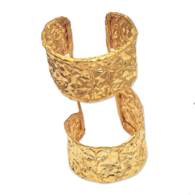 Gold plated cuff bracelet, 'Queen's Accessory' - 18k Gold Plated Brass Double Cuff Bracelet from Bali