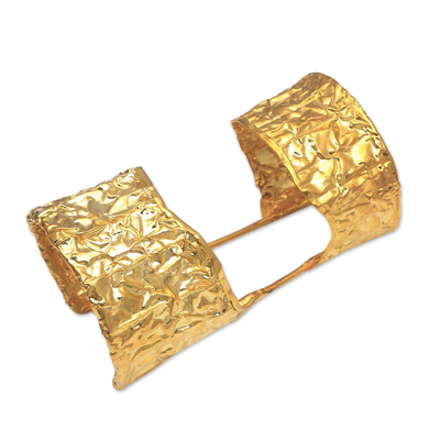 Gold plated cuff bracelet, 'Queen's Accessory' - 18k Gold Plated Brass Double Cuff Bracelet from Bali