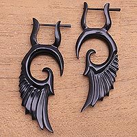 Horn drop earrings, 'Owl's Wings' - Hand-Carved Horn Wing Drop Earrings from Bali