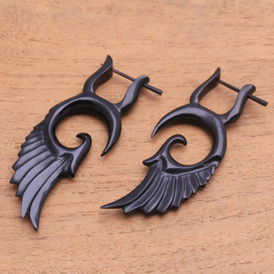 Horn drop earrings, 'Owl's Wings' - Hand-Carved Horn Wing Drop Earrings from Bali
