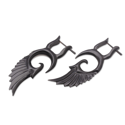 Horn drop earrings, 'Owl's Wings' - Hand-Carved Horn Wing Drop Earrings from Bali