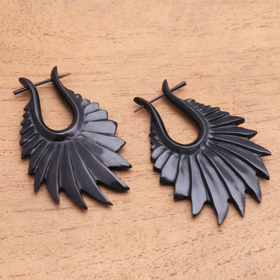 Horn drop earrings, 'Dark Frills' - Hand-Carved Frill Pattern Horn Drop Earrings from Bali