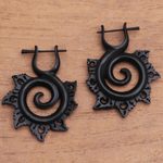 Horn drop earrings, 'Dark Chakra' - Hand-Carved Spiral Horn Drop Earrings from Bali