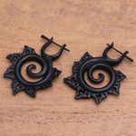 Horn drop earrings, 'Dark Chakra' - Hand-Carved Spiral Horn Drop Earrings from Bali