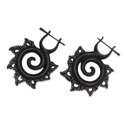 Horn drop earrings, 'Dark Chakra' - Hand-Carved Spiral Horn Drop Earrings from Bali