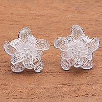 Sterling silver filigree button earrings, 'Wonderful Flowers' - Floral Sterling Silver Filigree Button Earrings from Java