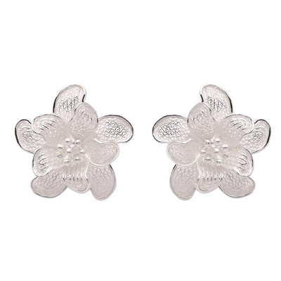 Floral Sterling Silver Filigree Button Earrings from Java