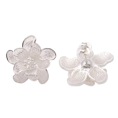 Sterling silver filigree button earrings, 'Wonderful Flowers' - Floral Sterling Silver Filigree Button Earrings from Java