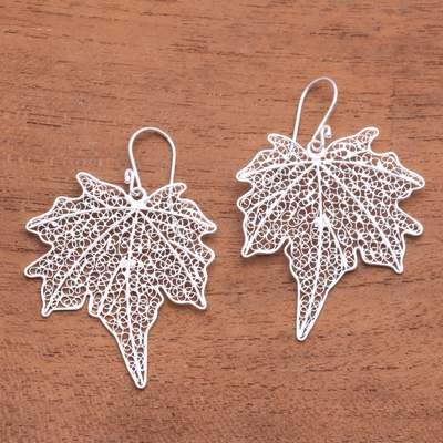 Sterling silver filigree dangle earrings, 'Wonderful Leaves' - Leaf-Shaped Sterling Silver Filigree Dangle Earrings