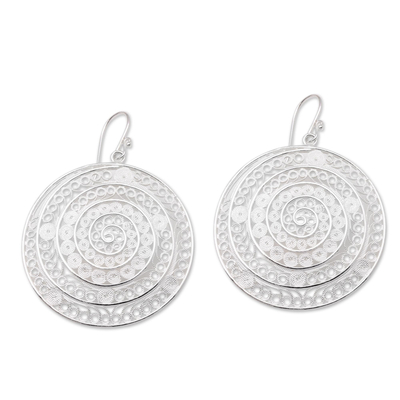 Sterling silver filigree dangle earrings, 'Elegant Shields' - Circular Sterling Silver Filigree Dangle Earrings from Java