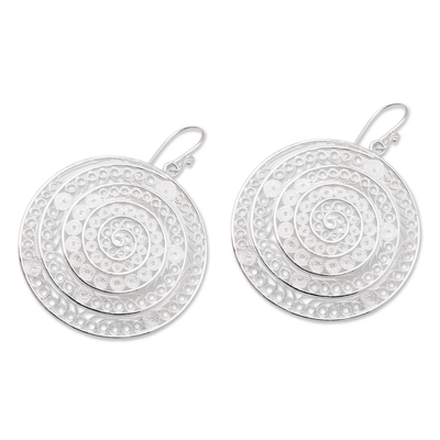 Sterling silver filigree dangle earrings, 'Elegant Shields' - Circular Sterling Silver Filigree Dangle Earrings from Java