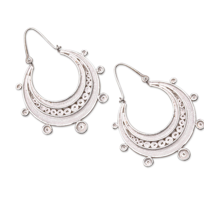 Sterling silver filigree hoop earrings, 'Crescent Orbit' - Sterling Silver Filigree Hoop Earrings from Java