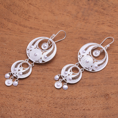 Sterling silver filigree chandelier earrings, 'Fabulous Idea' - Circle Pattern Sterling Silver Filigree Chandelier Earrings