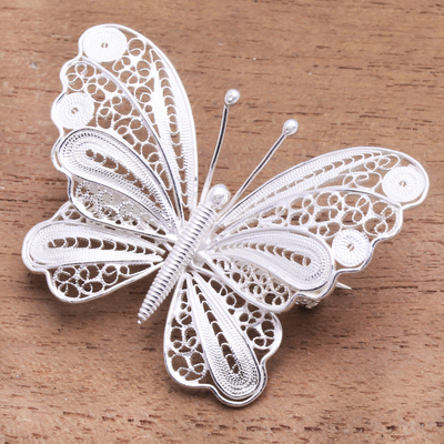 Sterling silver filigree brooch pin, 'Mesmerizing Butterfly' - Butterfly Brooch Crafted from Sterling Silver Filigree