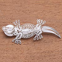 Sterling silver filigree brooch pin, 'Intricate Lizard' - Sterling Silver Filigree Lizard Brooch from Java