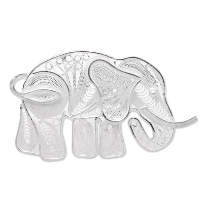 Sterling silver filigree brooch pin, 'Intricate Elephant' - Sterling Silver Filigree Elephant Brooch from Java