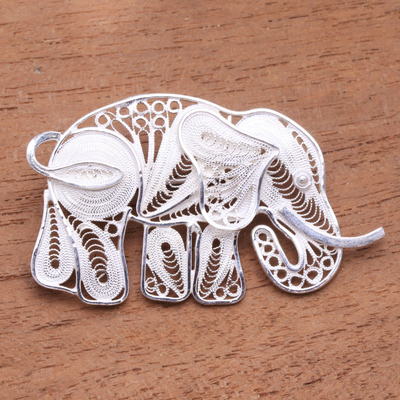 Sterling silver filigree brooch pin, 'Intricate Elephant' - Sterling Silver Filigree Elephant Brooch from Java