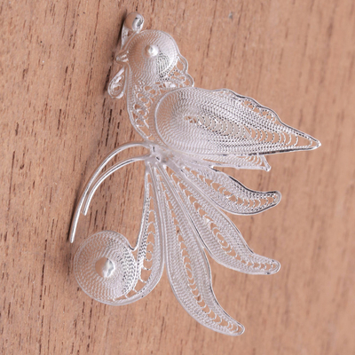 Sterling silver filigree brooch pin, 'Intricate Parrot' - Sterling Silver Filigree Parrot Brooch from Java