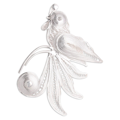 Sterling silver filigree brooch pin, 'Intricate Parrot' - Sterling Silver Filigree Parrot Brooch from Java