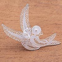 Sterling silver filigree brooch pin, 'Intricate Bird' - Sterling Silver Filigree Bird Brooch from Java