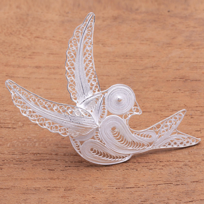 Sterling silver filigree brooch pin, 'Intricate Bird' - Sterling Silver Filigree Bird Brooch from Java