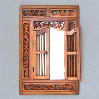 Teak wood wall mirror, 'Doorway to Beauty' - Handmade Teak Wood Wall Mirror with Doors from Bali