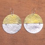 Sterling silver and brass dangle earrings, 'In Between' - Circular Sterling Silver and Brass Dangle Earrings from Bali