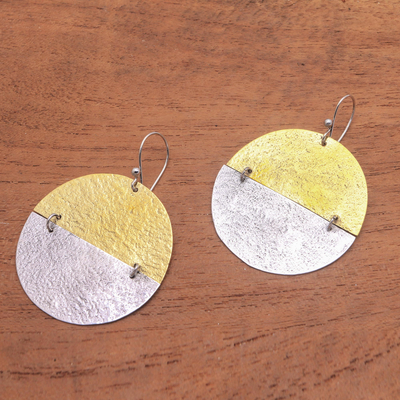 Sterling silver and brass dangle earrings, 'In Between' - Circular Sterling Silver and Brass Dangle Earrings from Bali
